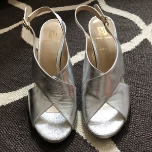 Bruno Magli silver pumps.